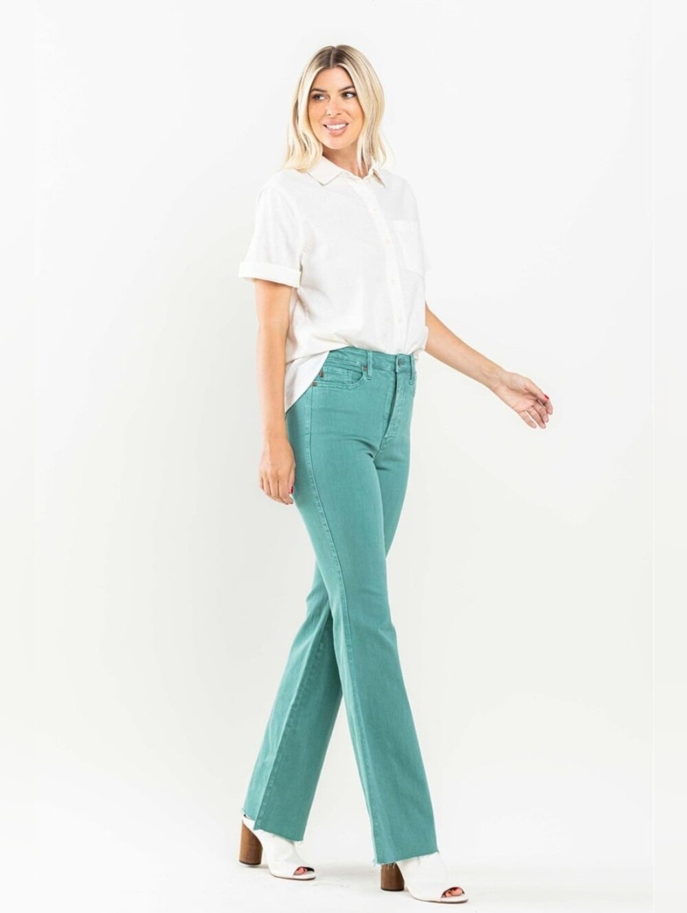 Judy Blue High Rise Garment Dyed Flare Jeans Teal Green Raw Hem Stretch 5/27 NEW - Picture 6 of 12